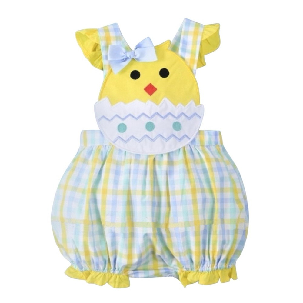 NWT Appliqued girl bubble romper big chicken nice ruffle. Easter/Spring-multi sz